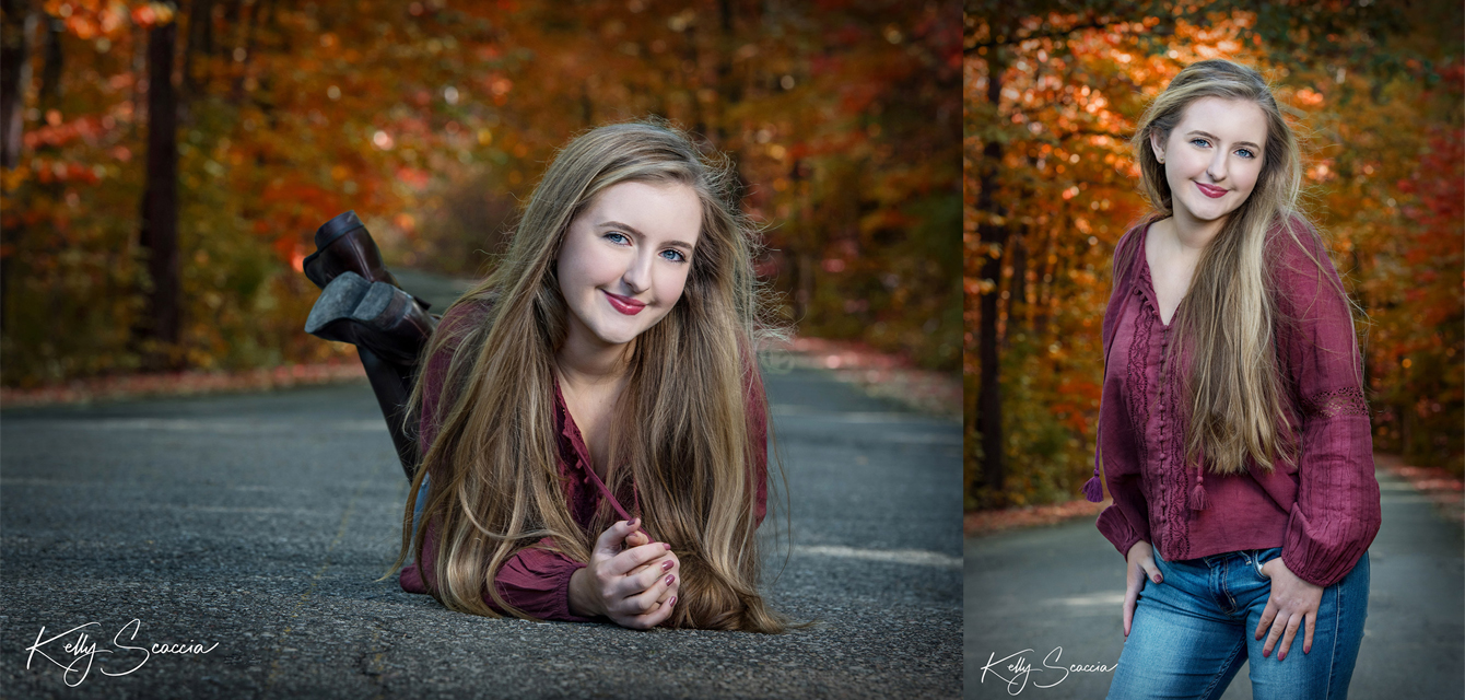 High School senior outdoor in the fall with orange leaves