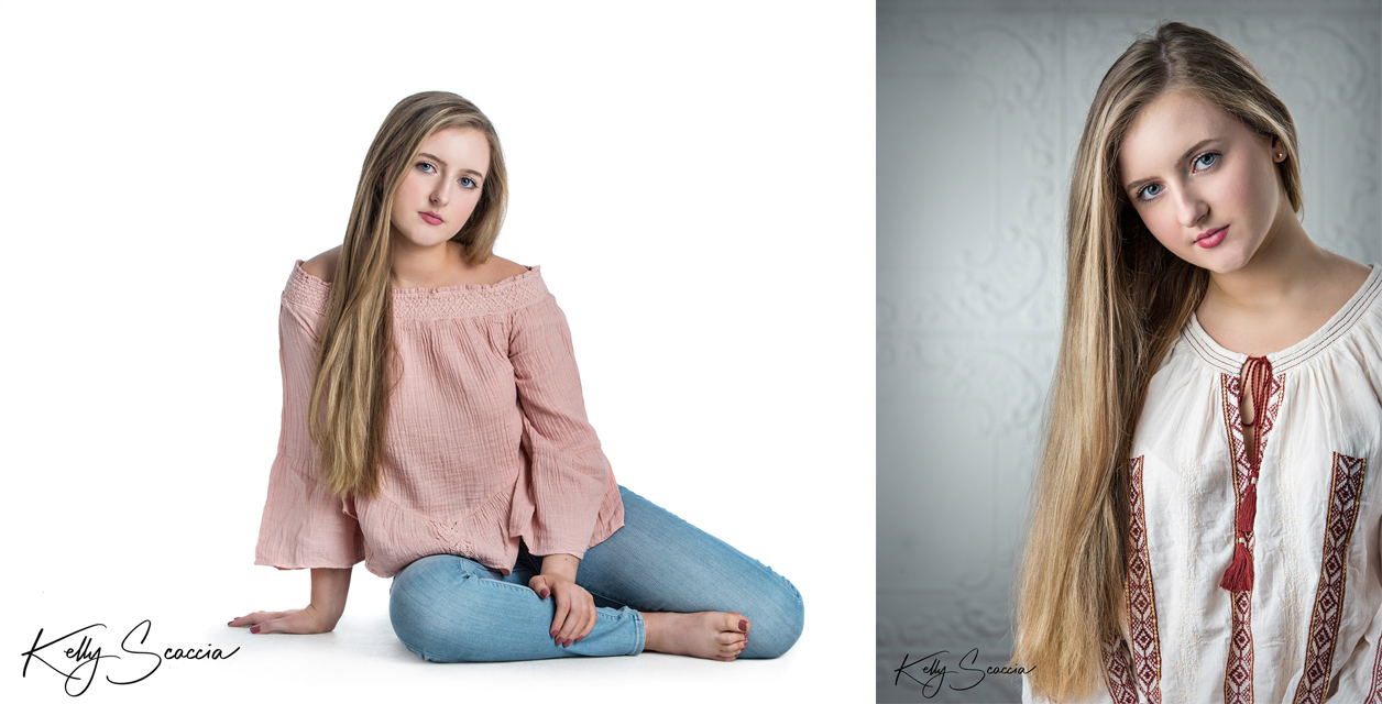 High School senior studio portraits on a white background legs tucked in a pink shirt 
