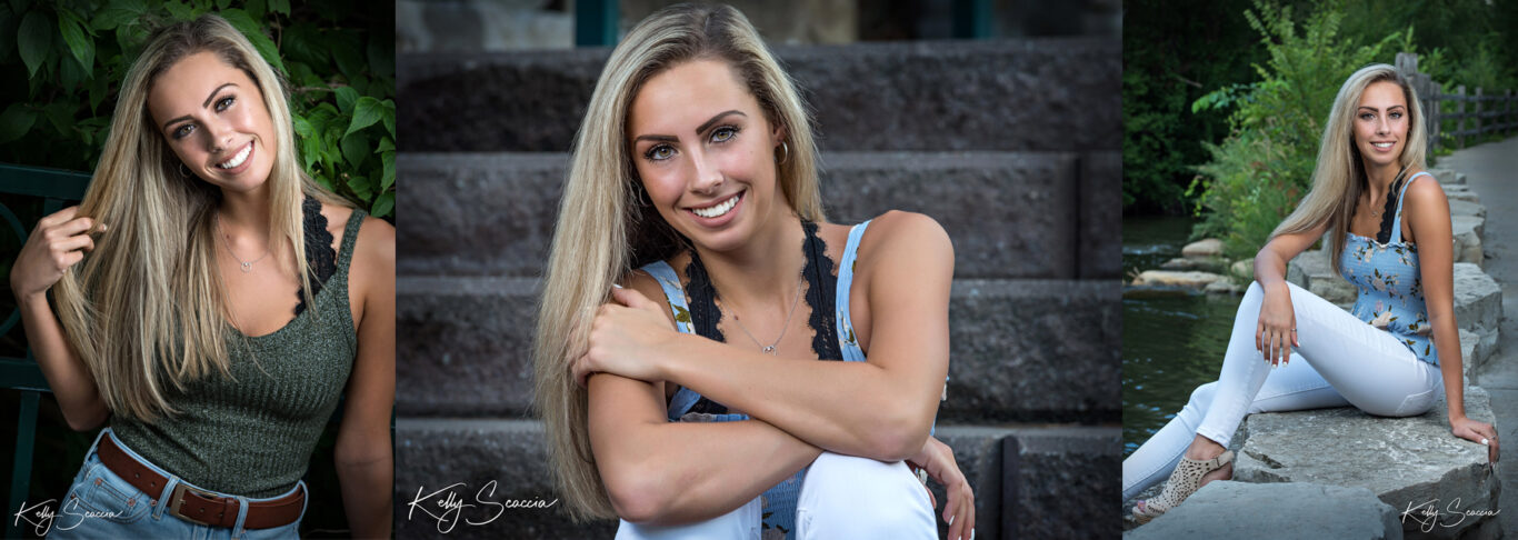 High School senior girl Downtown Rochester in front of greenery and stairs smiling