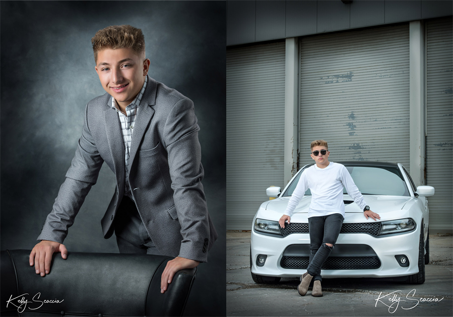 High School senior guy portrait in Auburn Hills in front of his white car with sunglasses on 
