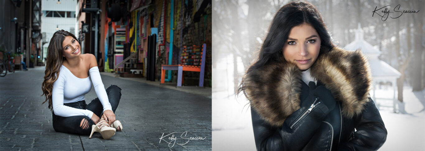 High School senior girl portrait outside in the snow wearing a black leather coat 