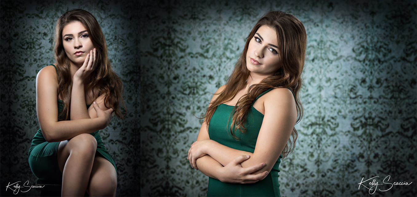 High School senior  girl in studio wearing a green dress with a green background hand under chin serious pose
