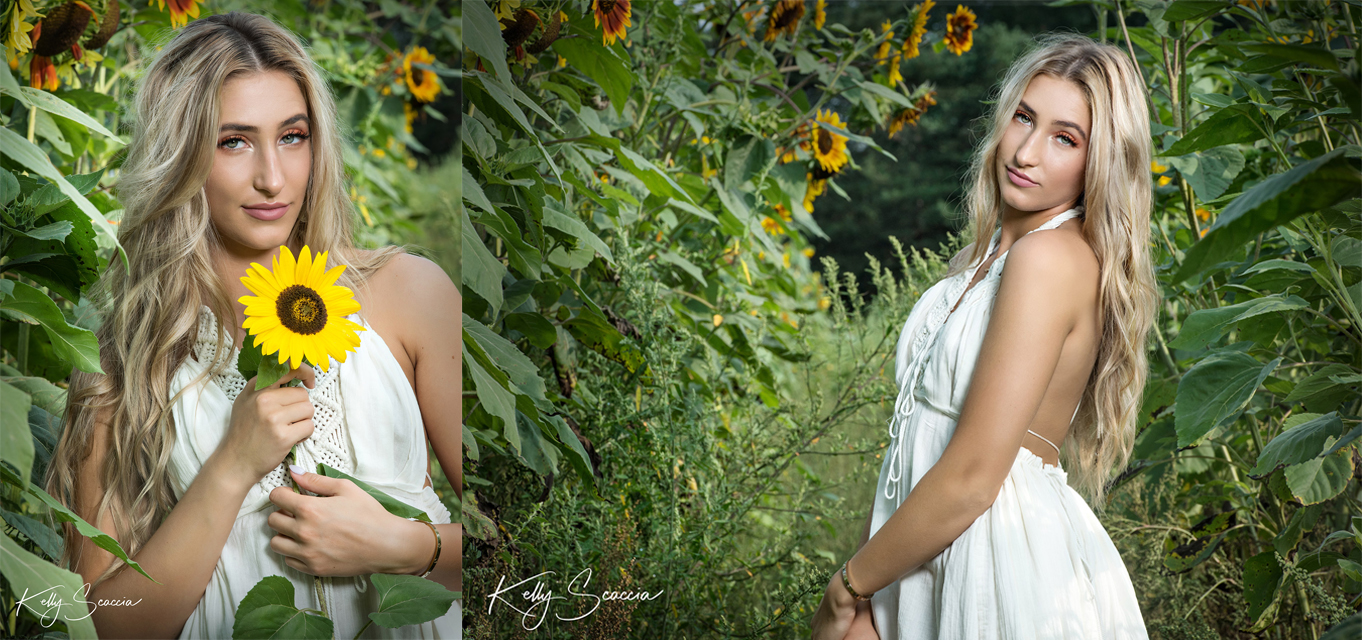 High School senior girl in a white sundress standing in a sunflower patch