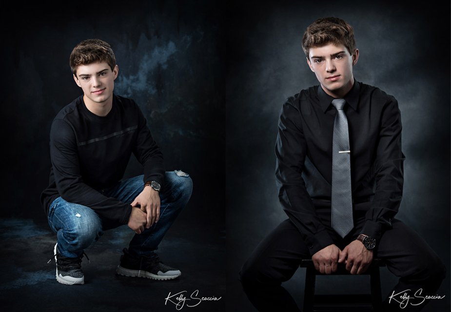 High School senior guy in studio portrait serious expression with hands on stool in front of him looking directly at you 
