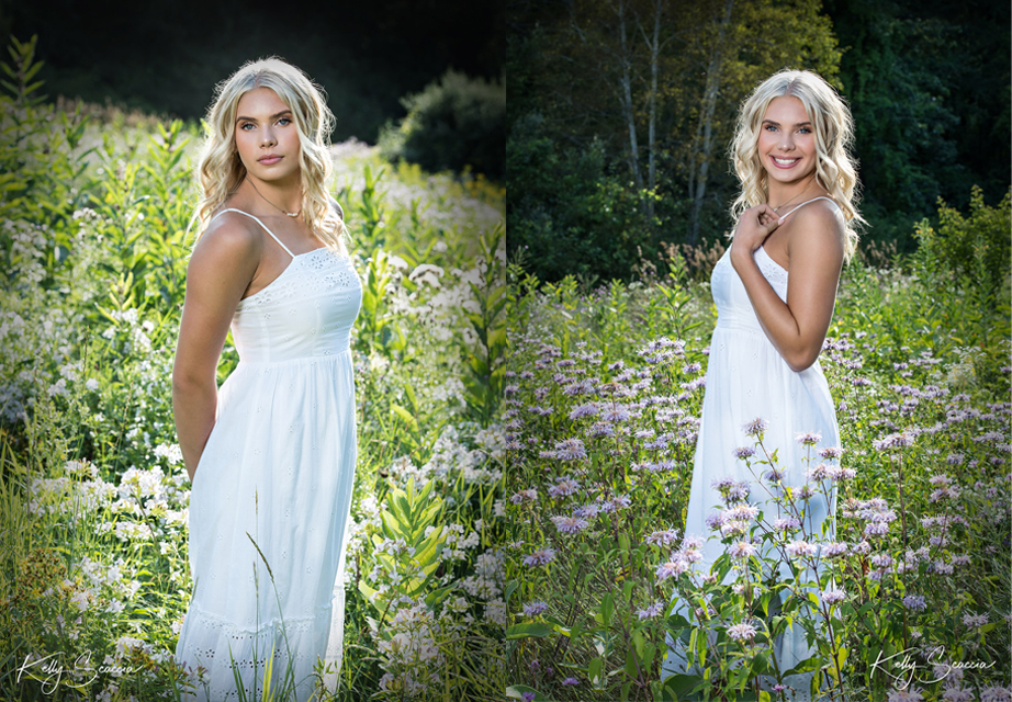 High School senior girl field portrait with white flowers wearing white sundress