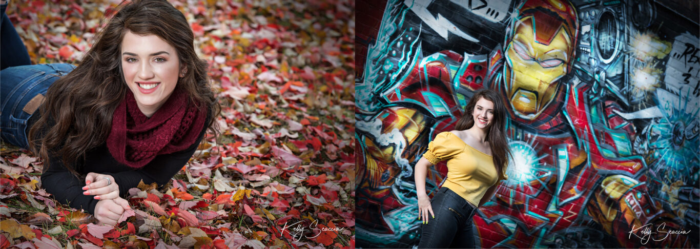 High School senior girl fall outdoor portrait wearing red scarf laying on ground in leaves
